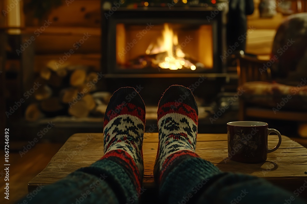 Cozy Christmas Eve by the Fireplace with Festive Socks and Hot Cocoa. A person wearing festive Christmas socks relaxes by a warm, crackling fireplace with a mug of hot cocoa. Cozy Christmas Eve by the Fireplace with Festive Socks and Hot Cocoa. A person wearing festive Christmas socks relaxes by a warm, crackling fireplace with a mug of hot cocoa.