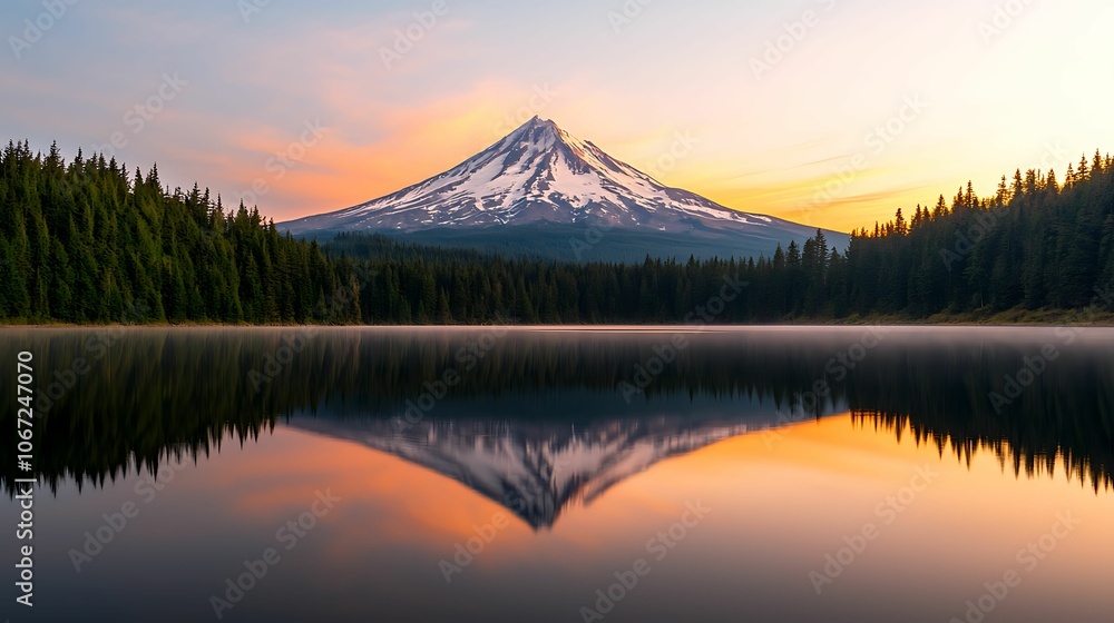 A serene landscape featuring a snow-capped mountain reflected in calm waters during sunrise, surrounded by lush evergreen trees. A serene landscape featuring a snow-capped mountain reflected in calm waters during sunrise, surrounded by lush evergreen trees.