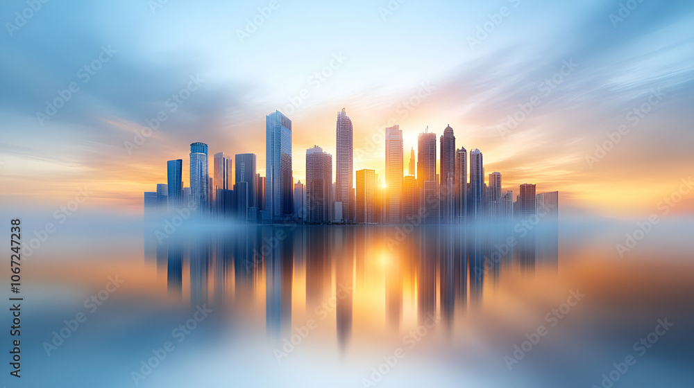 Dubai skyline in desert at sunset Dubai skyline in desert at sunset