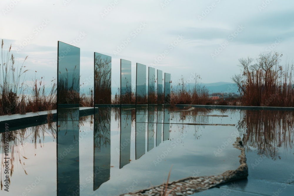 Obraz premium Reflective glass panels stand in formation along a tranquil water feature, merging art with nature’s stillness.