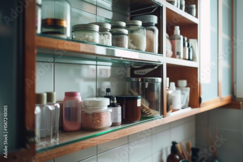 Wallpaper Mural A well-organized kitchen shelf displaying an array of jars and bottles, emphasizing a tidy and methodically arranged culinary space. Torontodigital.ca