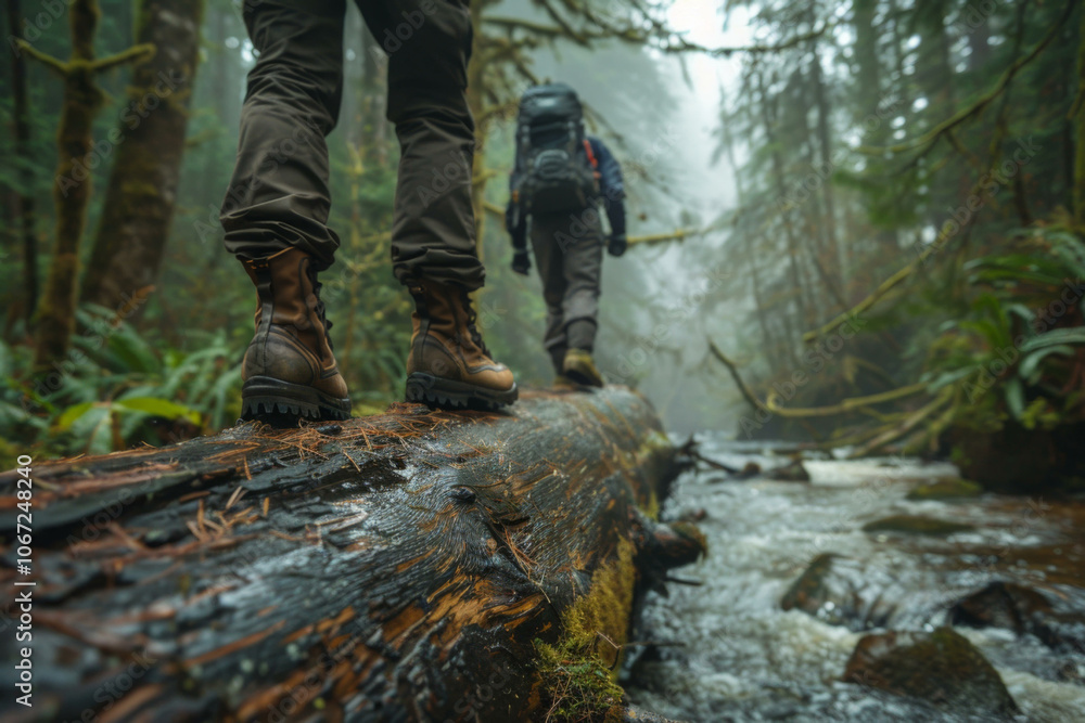 Low angle view of hikers boots as they cross fallen log over forest stream, surrounded by lush, misty foliage, evoking sense of exploration and connection with nature Low angle view of hikers boots as they cross fallen log over forest stream, surrounded by lush, misty foliage, evoking sense of exploration and connection with nature