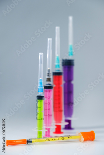 Thin insulin syringe contrasts with the bulkier syringes used for other medical procedures. The syringe is designed for subcutaneous injection of insulin and other medications in small volumes, , 1 ml