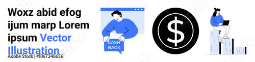 Man receiving cashback, dollar sign in black circle, person with laptop on chart bars. Ideal for financial services, e-commerce, banking, marketing, start-ups, technology, online platforms. Landing