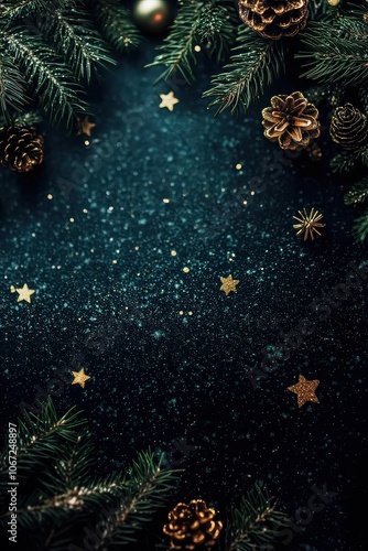 Wallpaper Mural Christmas background with dark green color, delicate pine branches with subtle golden ornaments, small pinecones, and tiny golden stars, festive winter atmosphere.  Torontodigital.ca