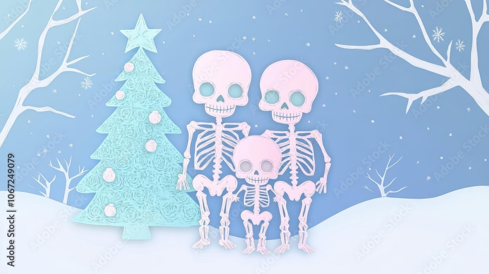 Cute pastel skeleton family around a Christmas tree, light blue night sky, papercut style, papercut style background, no blur, photo not dark, everything is clear, copy space Cute pastel skeleton family around a Christmas tree, light blue night sky, papercut style, papercut style background, no blur, photo not dark, everything is clear, copy space