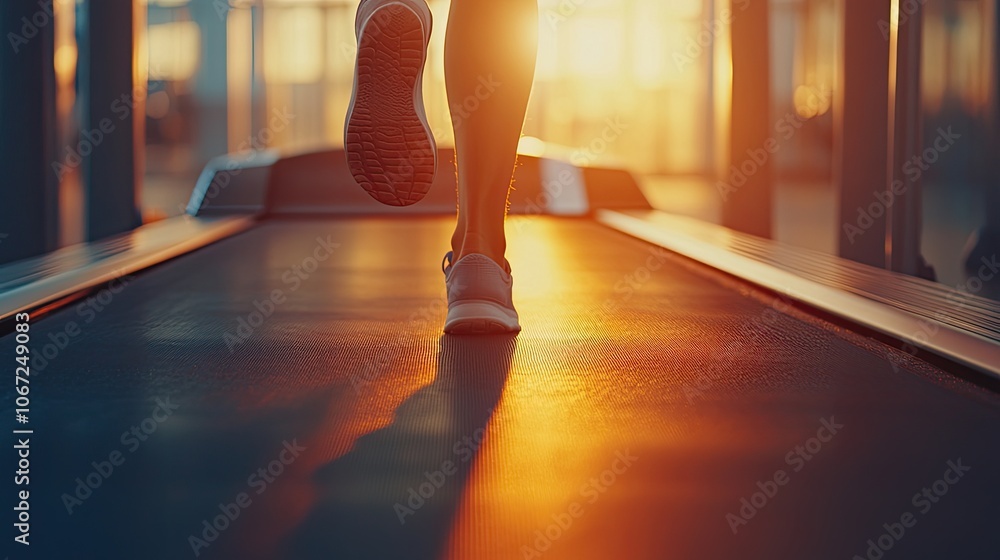 Close-up of a woman's legs running on a treadmill at a gym, with sunset light. Lifestyle concept Close-up of a woman's legs running on a treadmill at a gym, with sunset light. Lifestyle concept