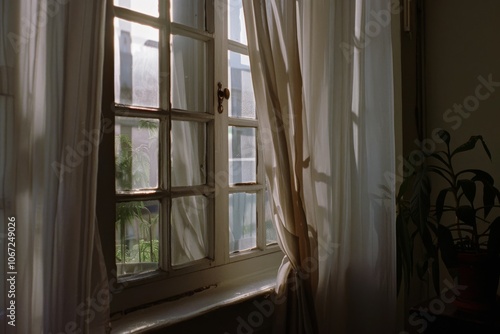 Gentle sunlight filters through sheer curtains, illuminating an old window and casting delicate shadows, evoking nostalgia and peace. photo