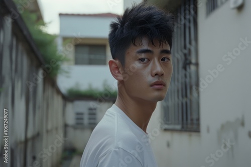 A young man with a thoughtful expression stands in an outdoor corridor, framed by weathered walls and a distant building, invoking a sense of solitude. photo