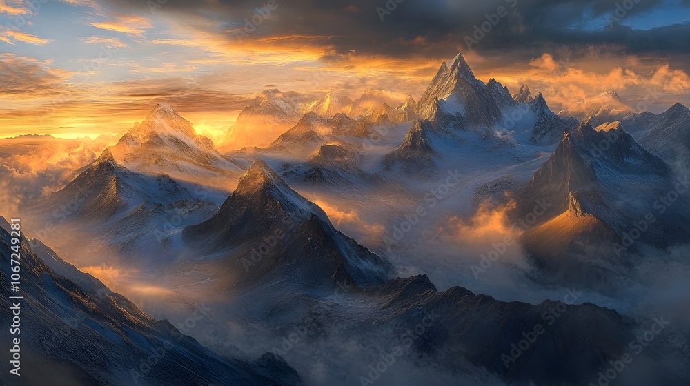 Sunrise over the mountains, a beautiful landscape with misty peaks and a blue sky Sunrise over the mountains, a beautiful landscape with misty peaks and a blue sky