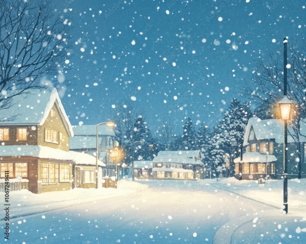 Fototapeta premium Charming snowy village at twilight: cozy winter wonderland scene