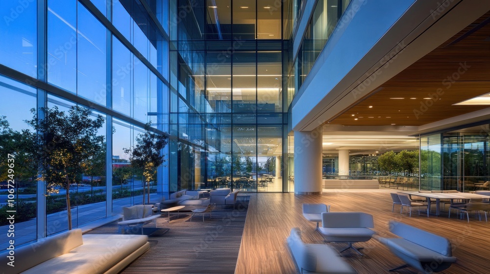 Fototapeta premium A sleek conference center with glass walls and outdoor spaces