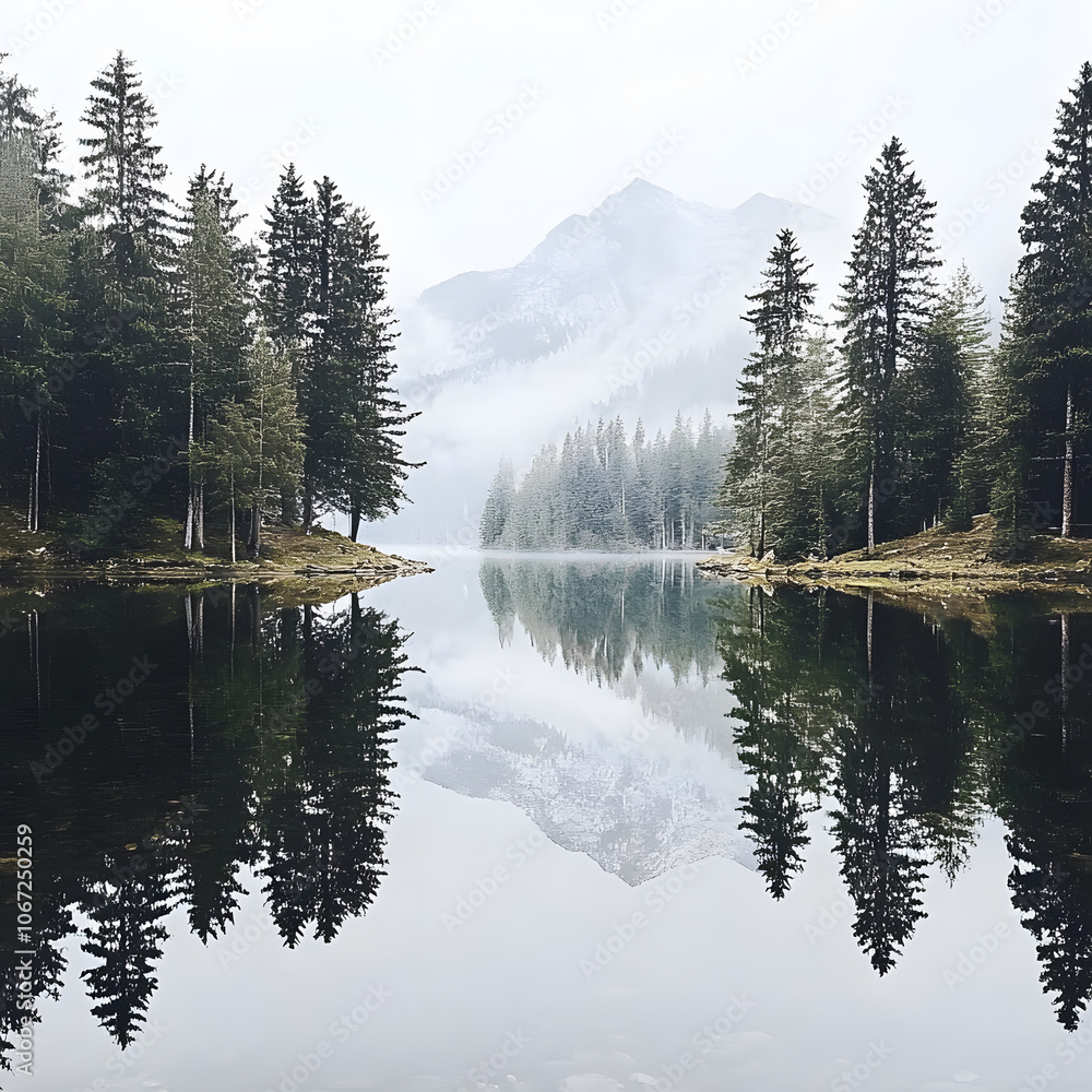 Fototapeta premium Serene Mountain Reflection in Misty Forest Lake