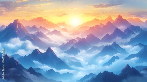 Sunrise over the mountains, a beautiful landscape with misty peaks and a blue sky