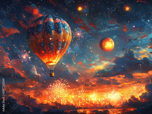  a hot air balloon floating in a vibrant, cloudy sky, with a firework of celestial bodies.