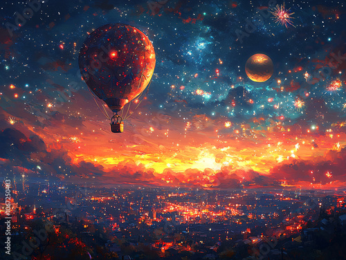  a hot air balloon floating in a vibrant, cloudy sky, with a firework of celestial bodies.