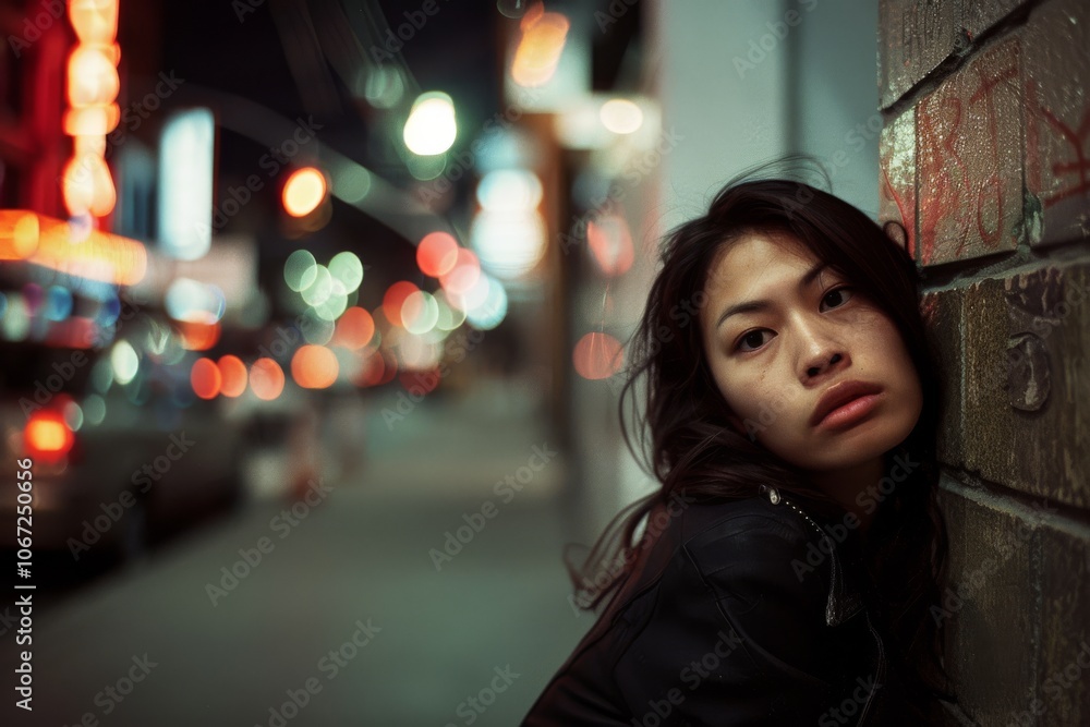 A woman leans against a brick wall, her expression intense against a backdrop of blurred city lights. A woman leans against a brick wall, her expression intense against a backdrop of blurred city lights.