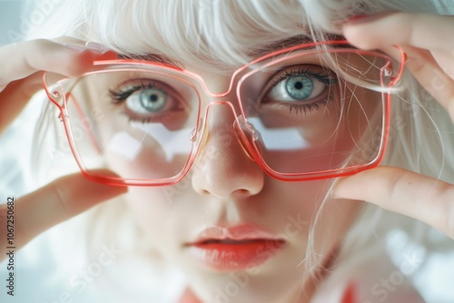 A striking close-up of a person's face, highlighting bright blue eyes framed by oversized pink sunglasses, with pale hair completing the vivid look. photo