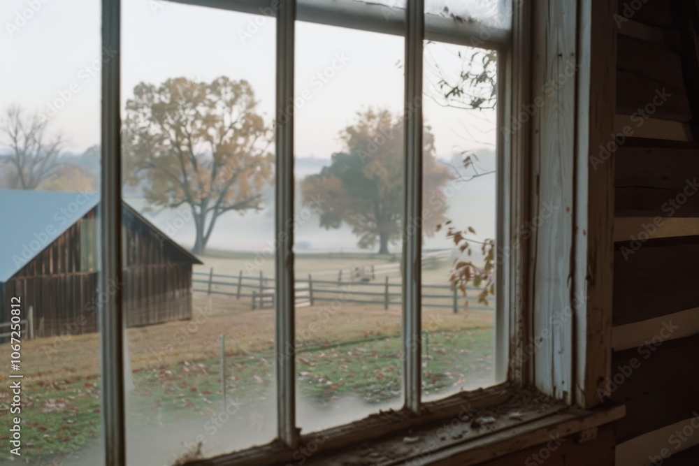 Naklejka premium A rustic farm view seen through a window, showcasing a misty morning landscape with autumn trees and barns, evoking nostalgia and countryside peace.