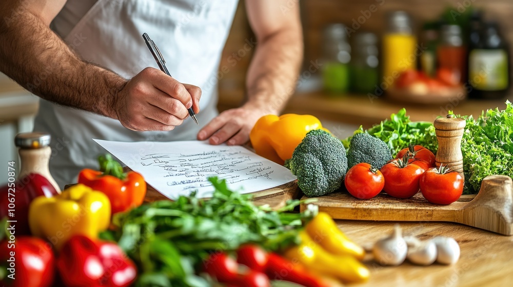 Man writing grocery list in kitchen, surrounded by fresh vegetables Man writing grocery list in kitchen, surrounded by fresh vegetables