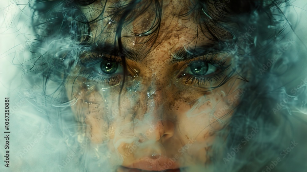 Obraz premium Intense Gaze: Woman's Face Emerging From Smoke and Water