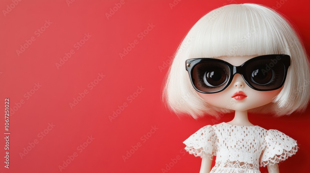 Obraz premium Stylish doll with sunglasses against a vibrant red background, AI