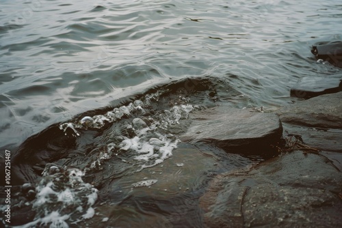 Gentle waves caress rocky shores under a muted, overcast sky, creating a scene of tranquility and natural rhythm.