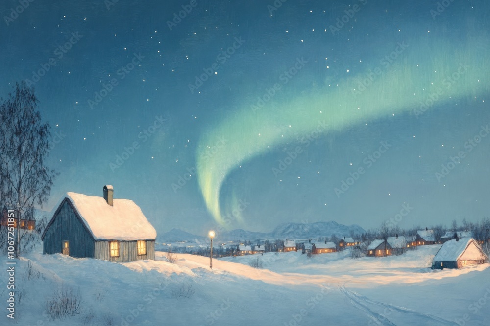 Mesmerizing winter landscape with aurora borealis over snowy village Mesmerizing winter landscape with aurora borealis over snowy village