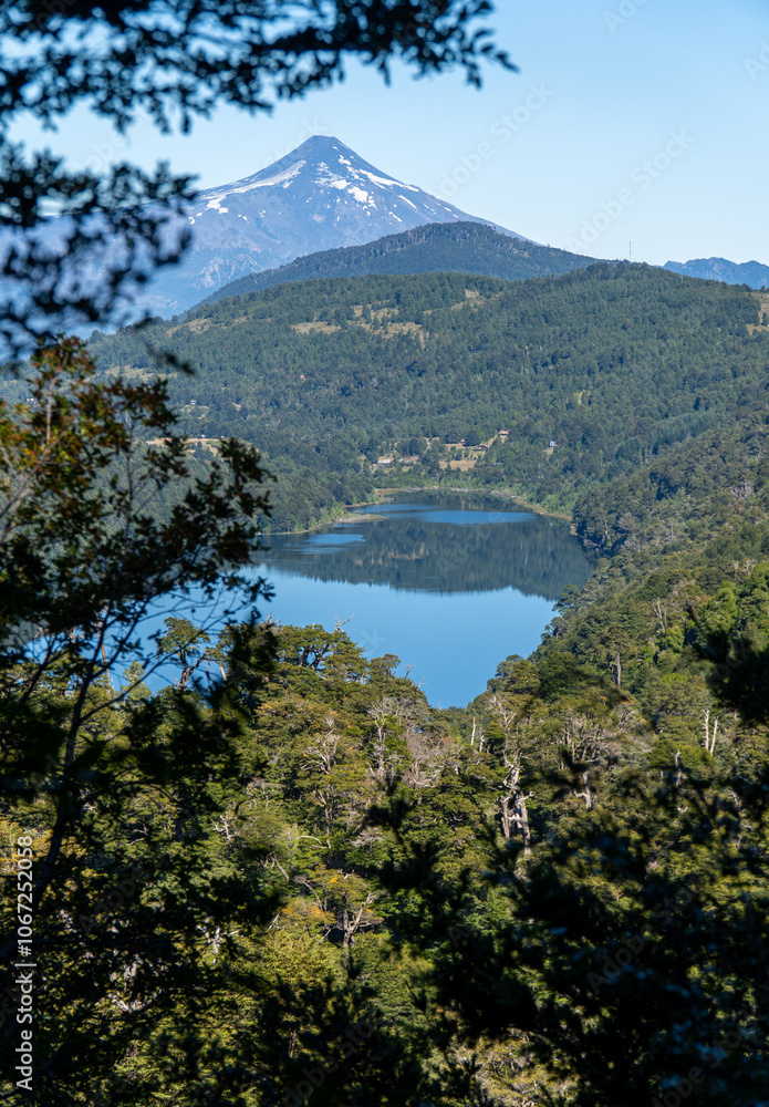 View from Huerquehue National Park of Lake and Volcano Amid Green Forest