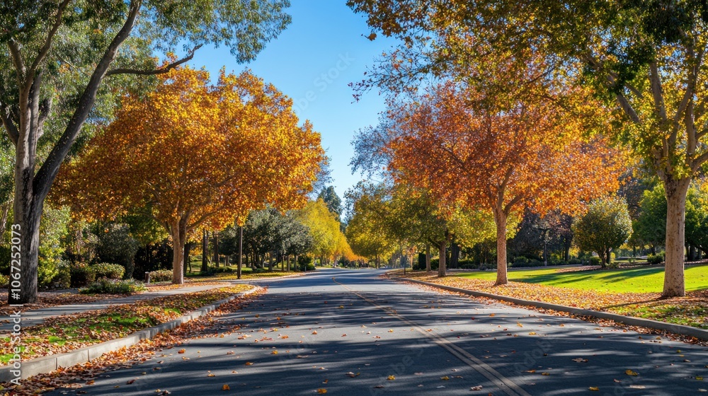 Obraz premium Road in Autumn - Road bordered by trees with vibrant autumn leaves, showcasing the warm colors of fall.