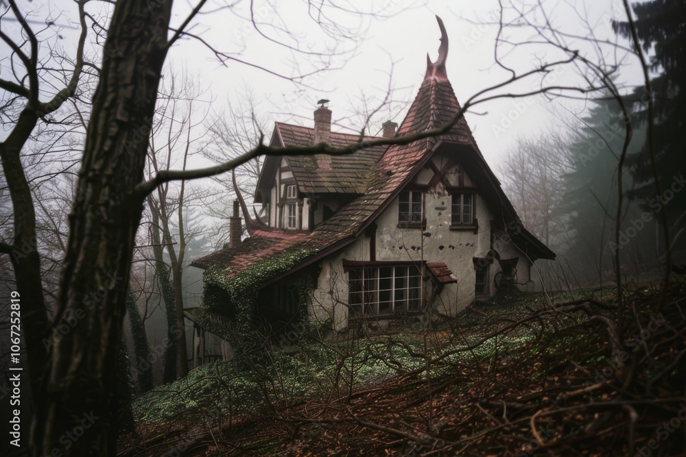 A storybook house peeks through the forest mist, its charming architecture telling tales of fantasy and wonder in a secluded woodland setting. A storybook house peeks through the forest mist, its charming architecture telling tales of fantasy and wonder in a secluded woodland setting.