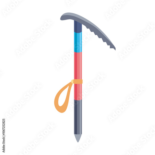 Climbing ice axe in flat design. Alpinism icebreaker with handle, trekking tool. Vector illustration isolated.