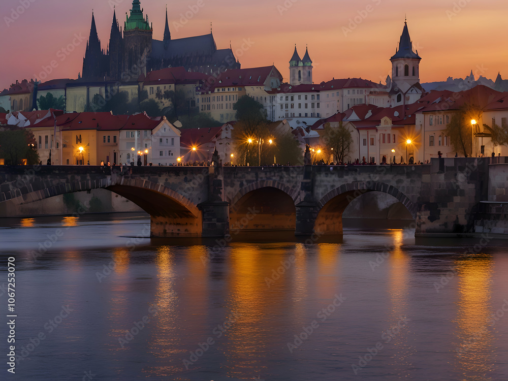 Naklejka premium 체코 해질녘 프라하 구시가지의 자갈길을 거닐며 언덕 꼭대기에 빛나는 장엄한 프라하 성을 감상한다고 상상해 보세요. 부드러운 랜턴이 비추는 블타바 강 위에는 상징적인 찰스 다리가 뻗어 있으며, 조각상의 실루엣이 긴 그림자를 드리우고 있습니다. 