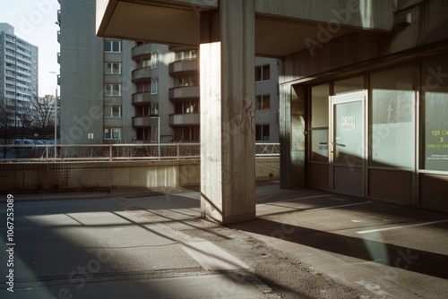 A deserted urban corner bathes in soft morning light, capturing the quiet beauty of tranquil, shadowed concrete and glass buildings.