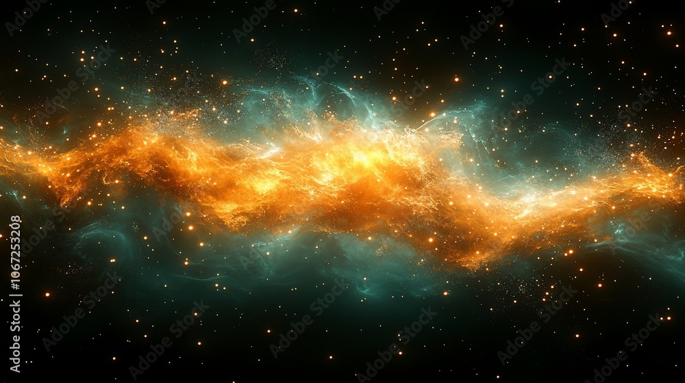 Fototapeta premium A vibrant nebula of orange and green gas clouds against a black starry sky.