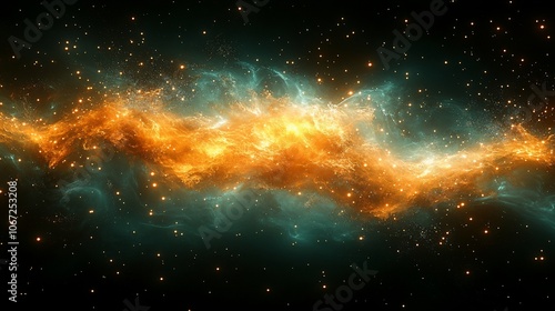 A vibrant nebula of orange and green gas clouds against a black starry sky.