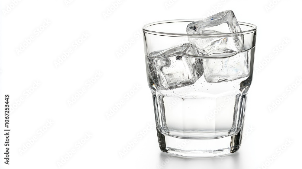 A clean, transparent glass of cold water with ice cubes, standing alone on a white background. A clean, transparent glass of cold water with ice cubes, standing alone on a white background.