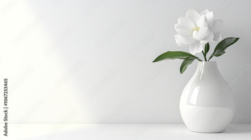 A clean, white ceramic vase with a single flower, standing elegantly on a white background. A clean, white ceramic vase with a single flower, standing elegantly on a white background.