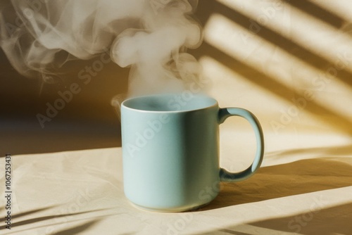 Steam swirls from a teal mug in a sunlit room, casting warmth and relaxation through ambient, cozy vibes on a peaceful morning. photo