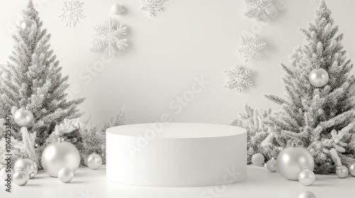 3D-Rendered White empty Podium decorated with silver xmas ornaments