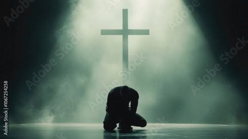 Christian man on his knees praying in front of the cross.