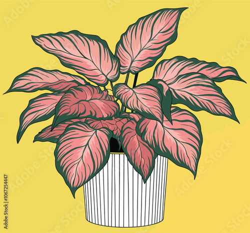 Illustration of a vibrant potted houseplant with pink and green leaves in a striped planter against a yellow background, modern botanical art
