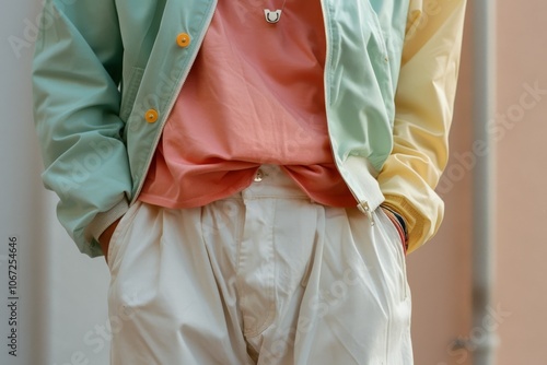 Brightly colored casual fashion with pastel hues and layered textures creates a playful, fresh style statement.