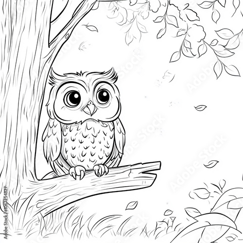 Cute kind owl sitting on the tree in the forest. Black and white vector illustration for coloring book photo