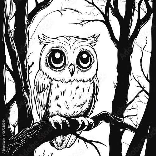 Cute kind owl sitting on the tree in the forest. Black and white vector illustration for coloring book photo