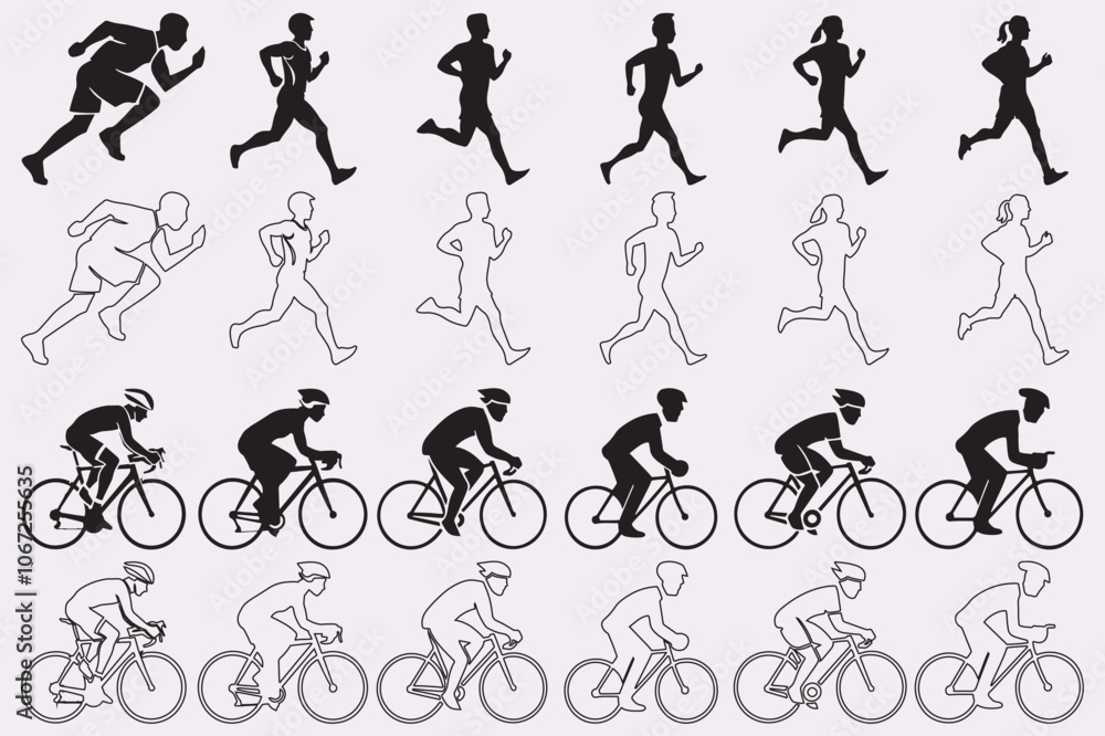 Obraz premium Race and cycling icon set with outline. Running, athletic logo design, group of running people.