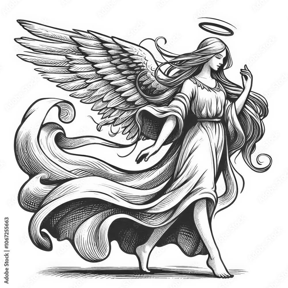 Fototapeta premium graceful angel with flowing robes and outstretched wings, capturing a sense of serenity and divinity sketch engraving illustration. Black and white image.