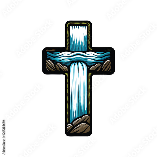 A dramatic waterfall cascading from a large, wooden cross, symbolizing the life-giving power of faith.