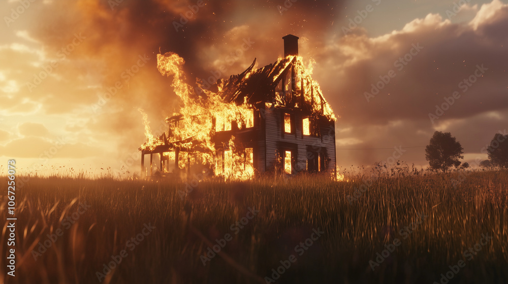 Obraz premium a house at the edge of a field completely engulfed in flames