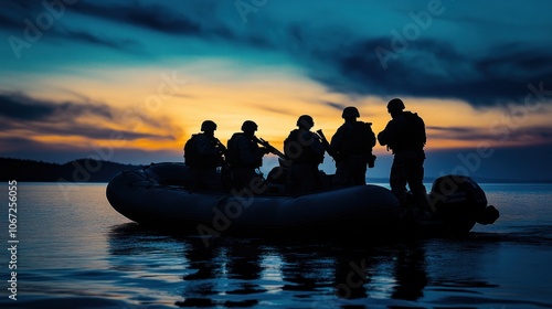 SEALs on Boat Silhouette - SEALs silhouetted on a small boat at dusk, reflecting the quiet power of a mission underway. photo